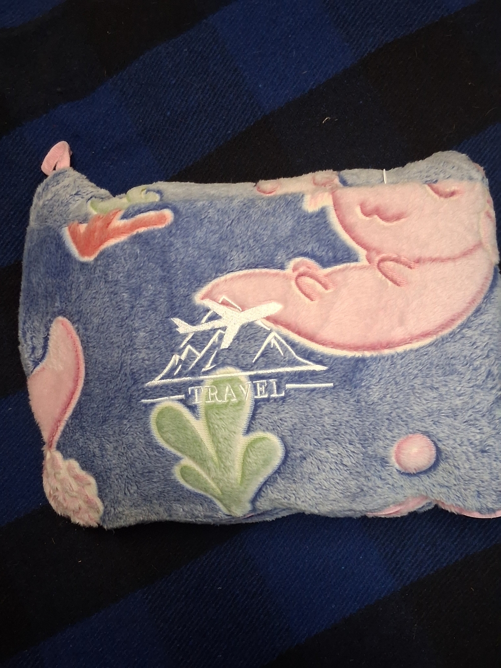 Plush Travel Pillow/Blanket in Blue with Pink Sea Motifs